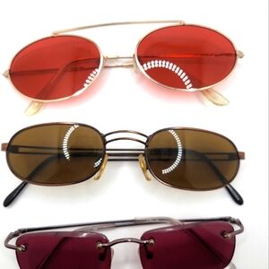Trendy Sunglasses Set Of 3 - Round, Square Oval Frame Red, Brown, Purple